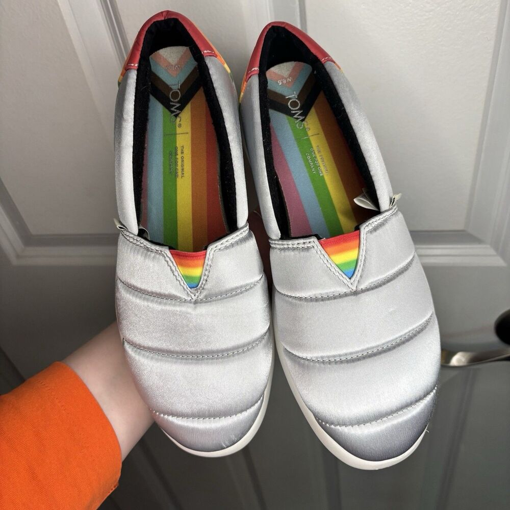 Toms Alpargata Mallow Metallic Silver Rainbow Pride Slip On Shoes Size 8.5